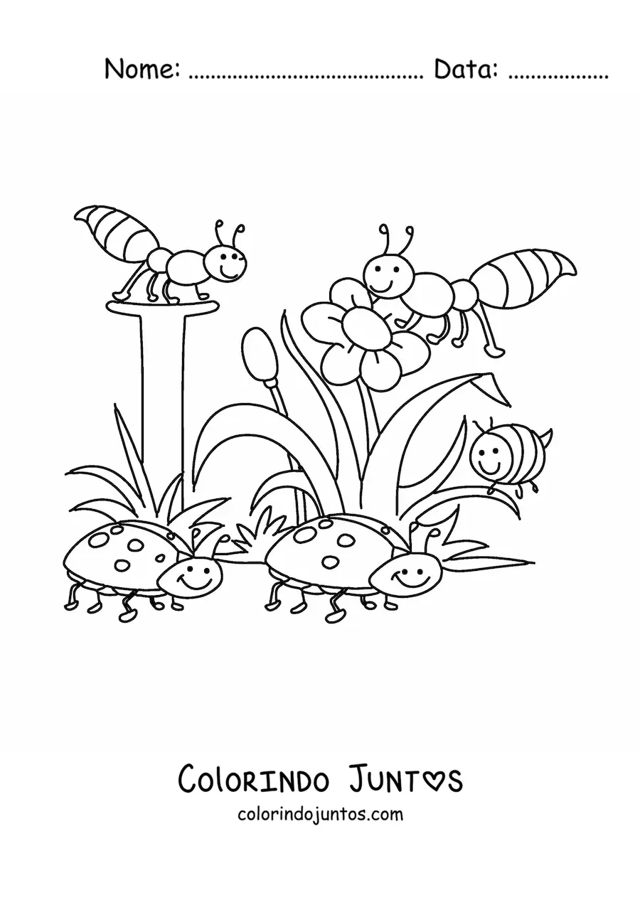 Desenho para colorir de varios insetos e flores de primavera