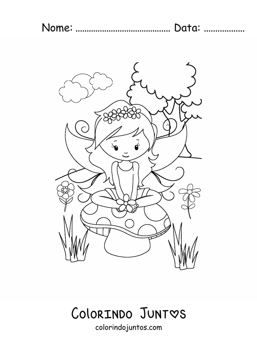 Desenho para colorir de uma fada em um campo primaveril