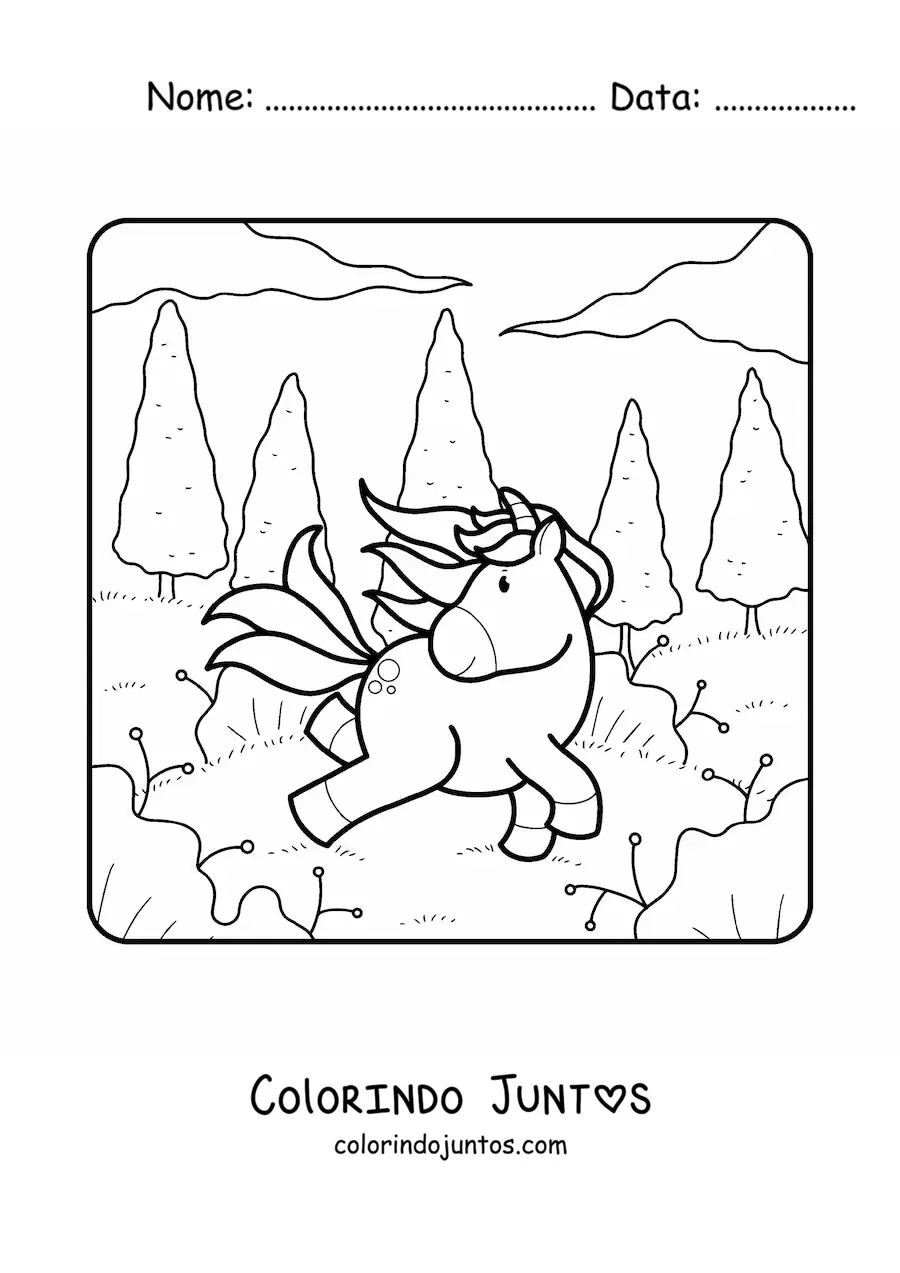 Desenho para colorir de um unicórnio animado na floresta