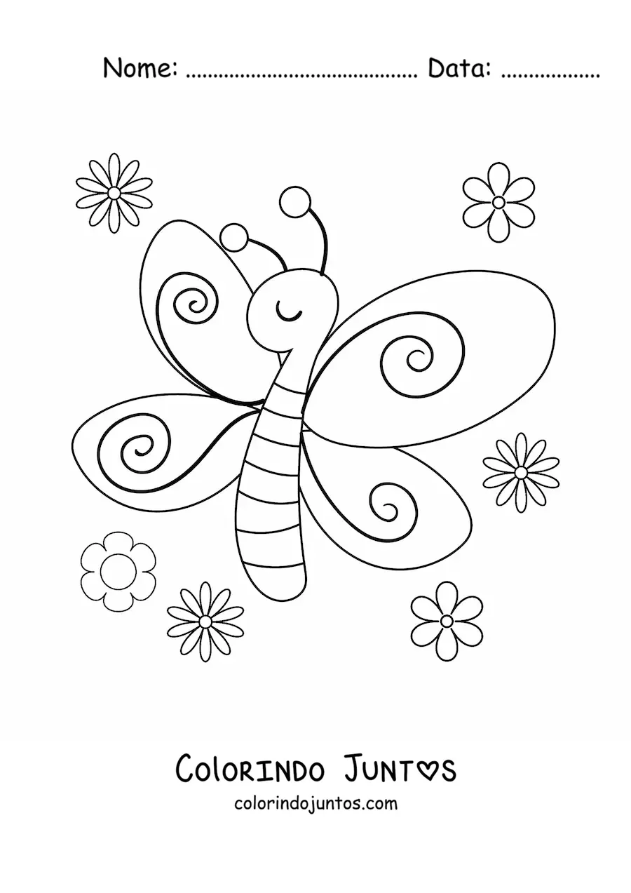 Desenho para colorir de uma borboleta com flores de primavera
