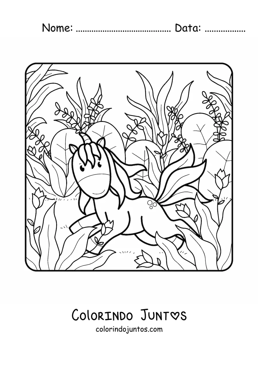 Desenho para colorir de um unicórnio animado no campo