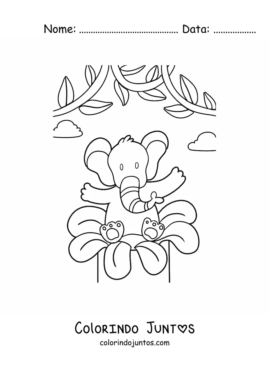 Desenho para colorir de um elefante animado com uma flor de primavera