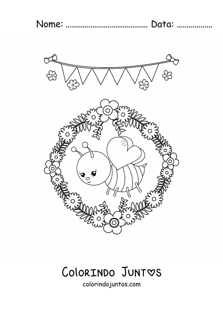 Desenho para colorir de uma abelha kawaii com um arco de flores de primavera