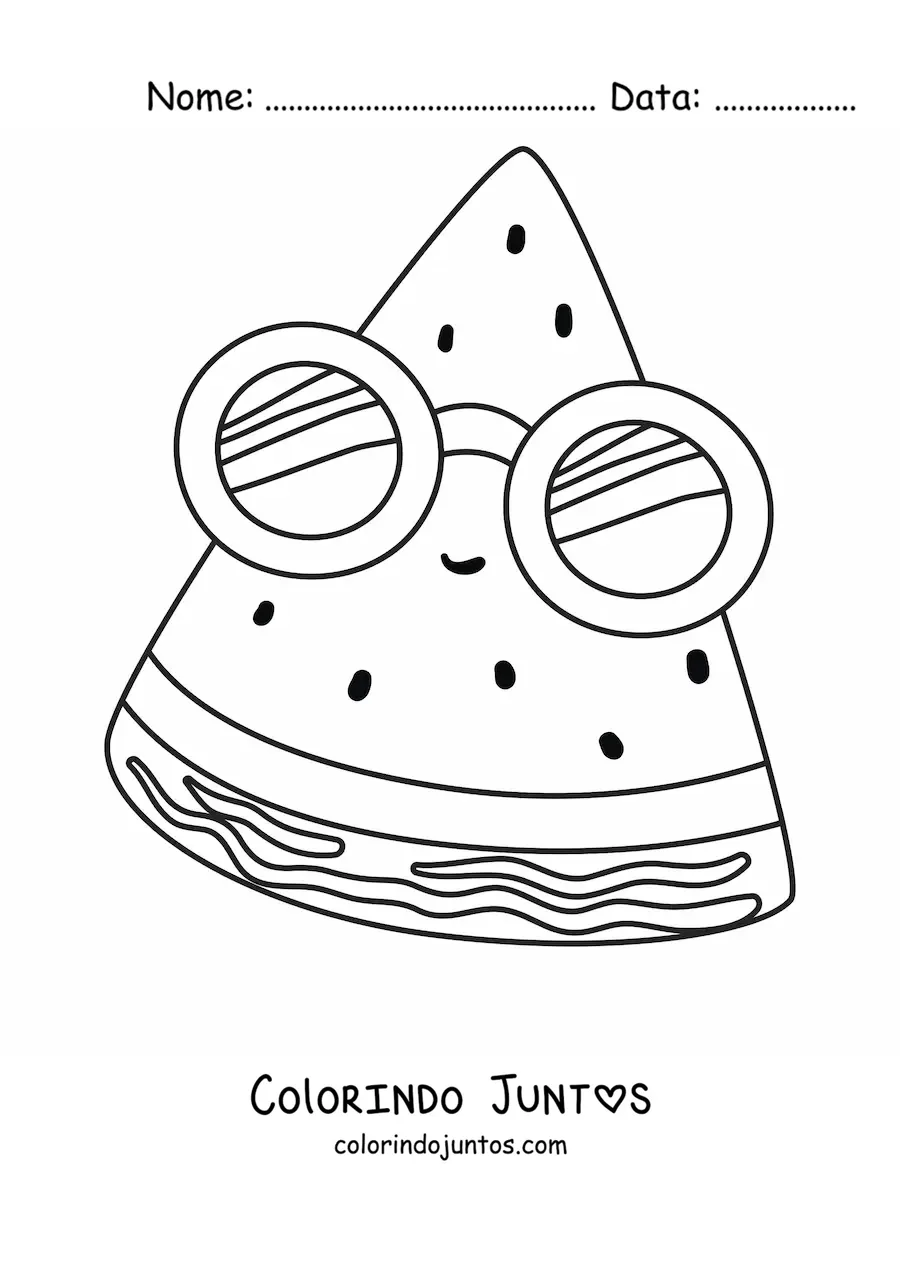 Desenho para colorir de uma melancia kawaii animada com óculos de sol