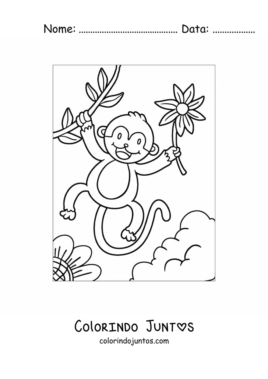 Desenho para colorir de um macaco animado com flores na primavera