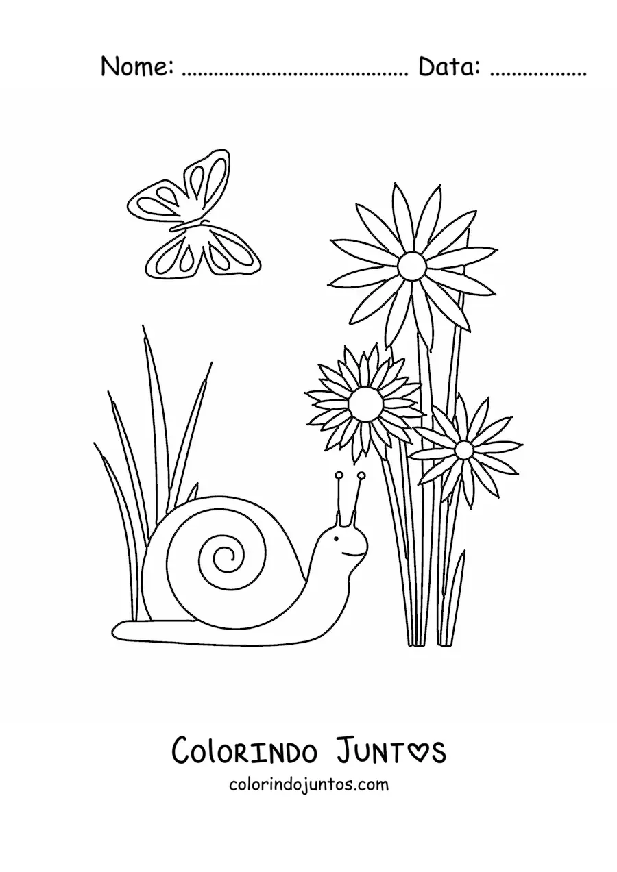 Desenho para colorir de um caracol e varias flores na primavera