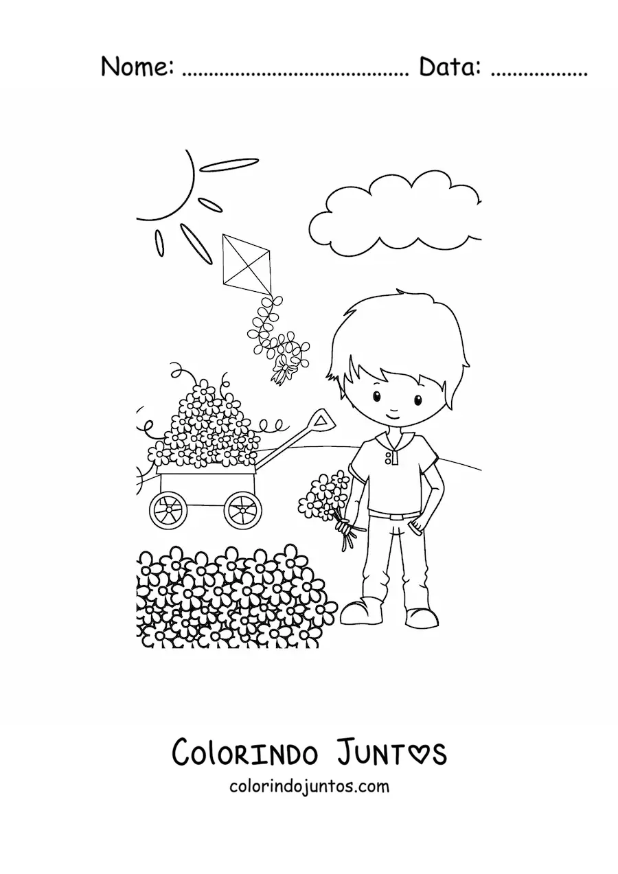 Desenho para colorir de um menino na primavera junto a um canteiro de flores