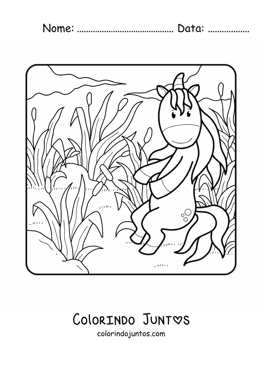 Desenho para colorir de um unicornio no campo na primavera