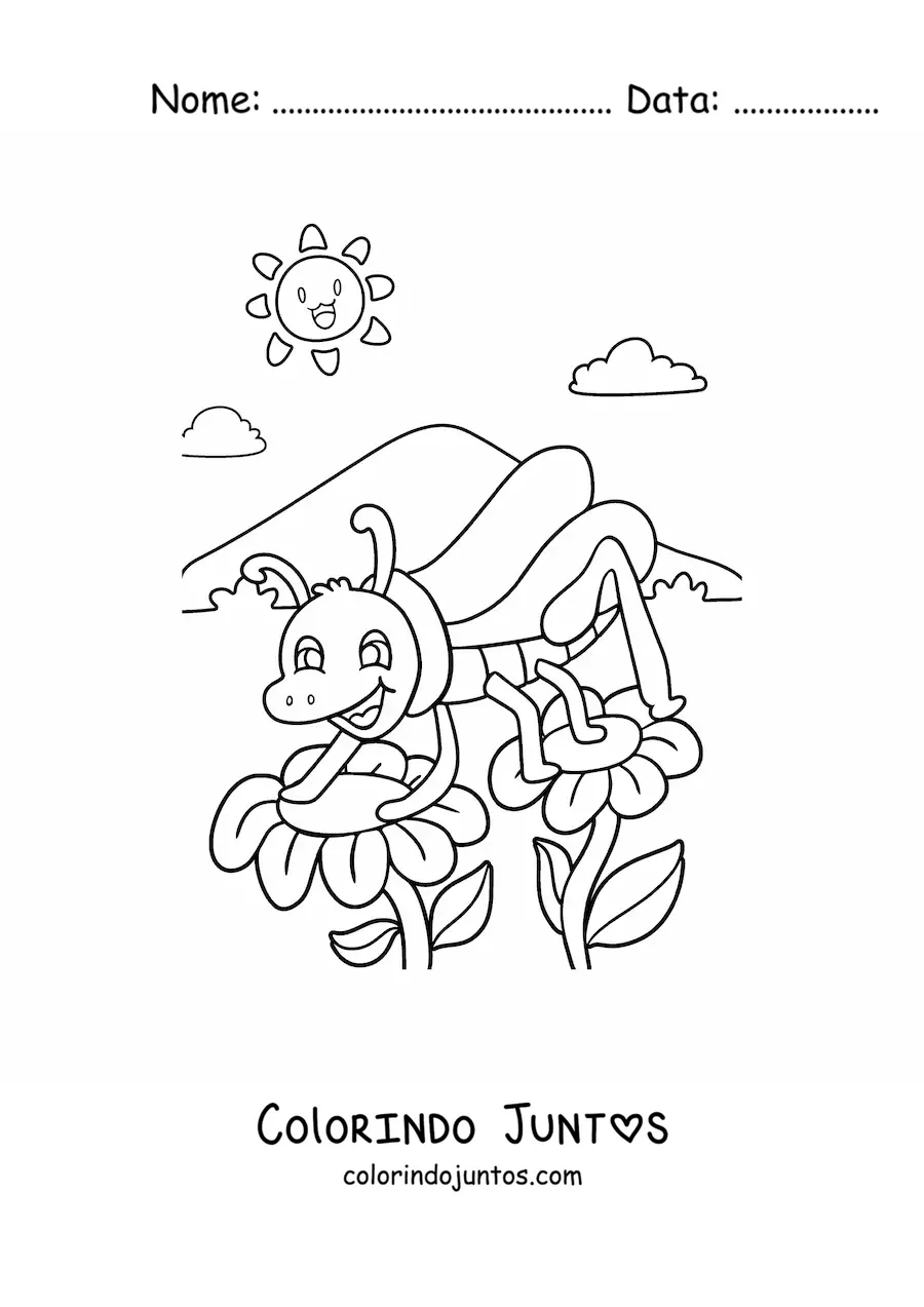 Desenho para colorir de um grilo animado posando entre duas flores em um clima primaveril