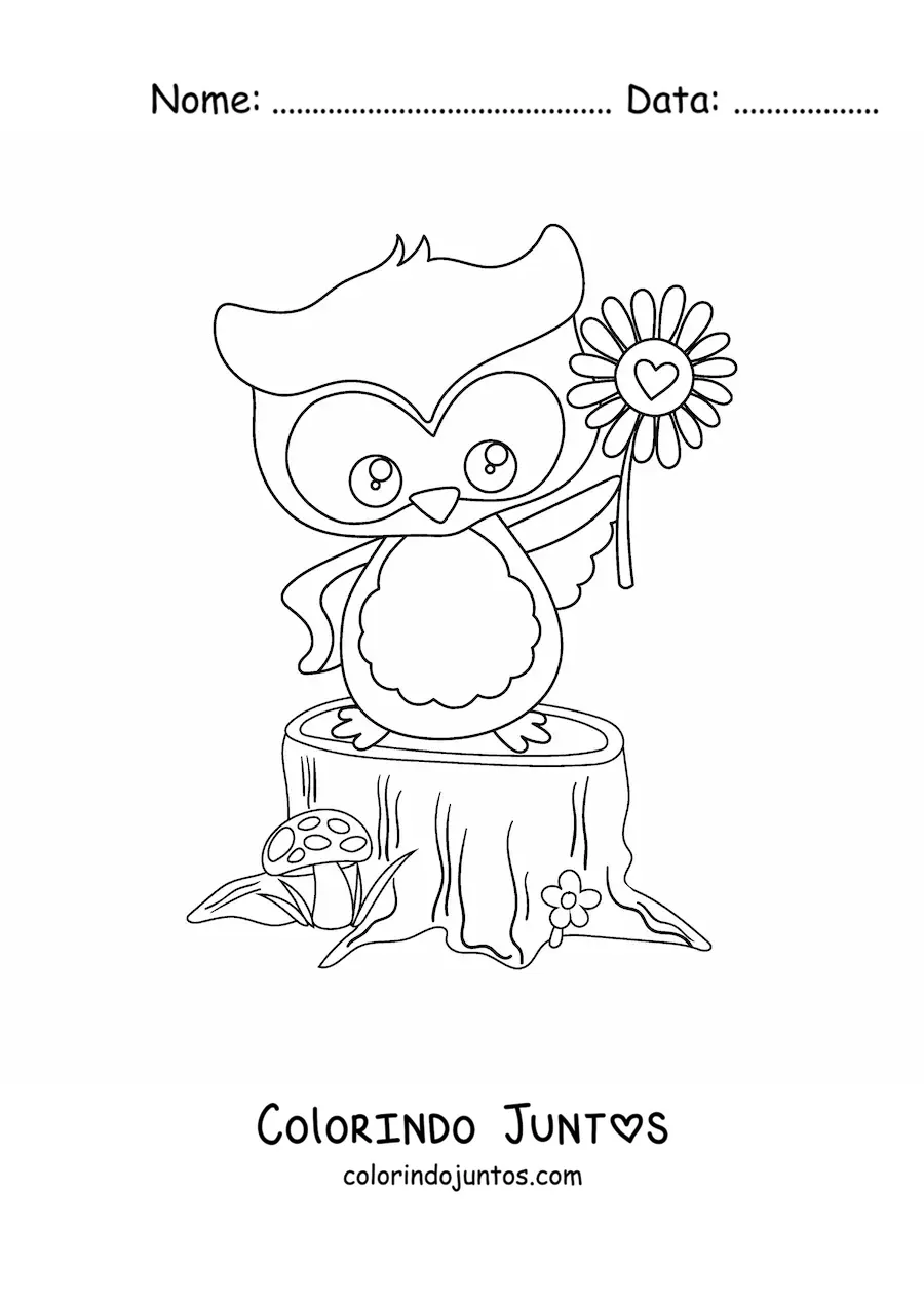 Desenho para colorir de uma coruja kawaii segurando uma flor