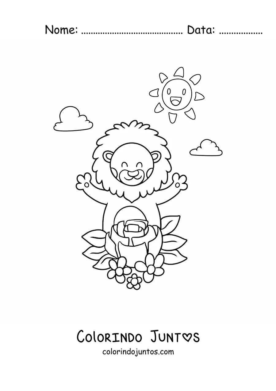 Desenho para colorir de um leao animado com flores de primavera