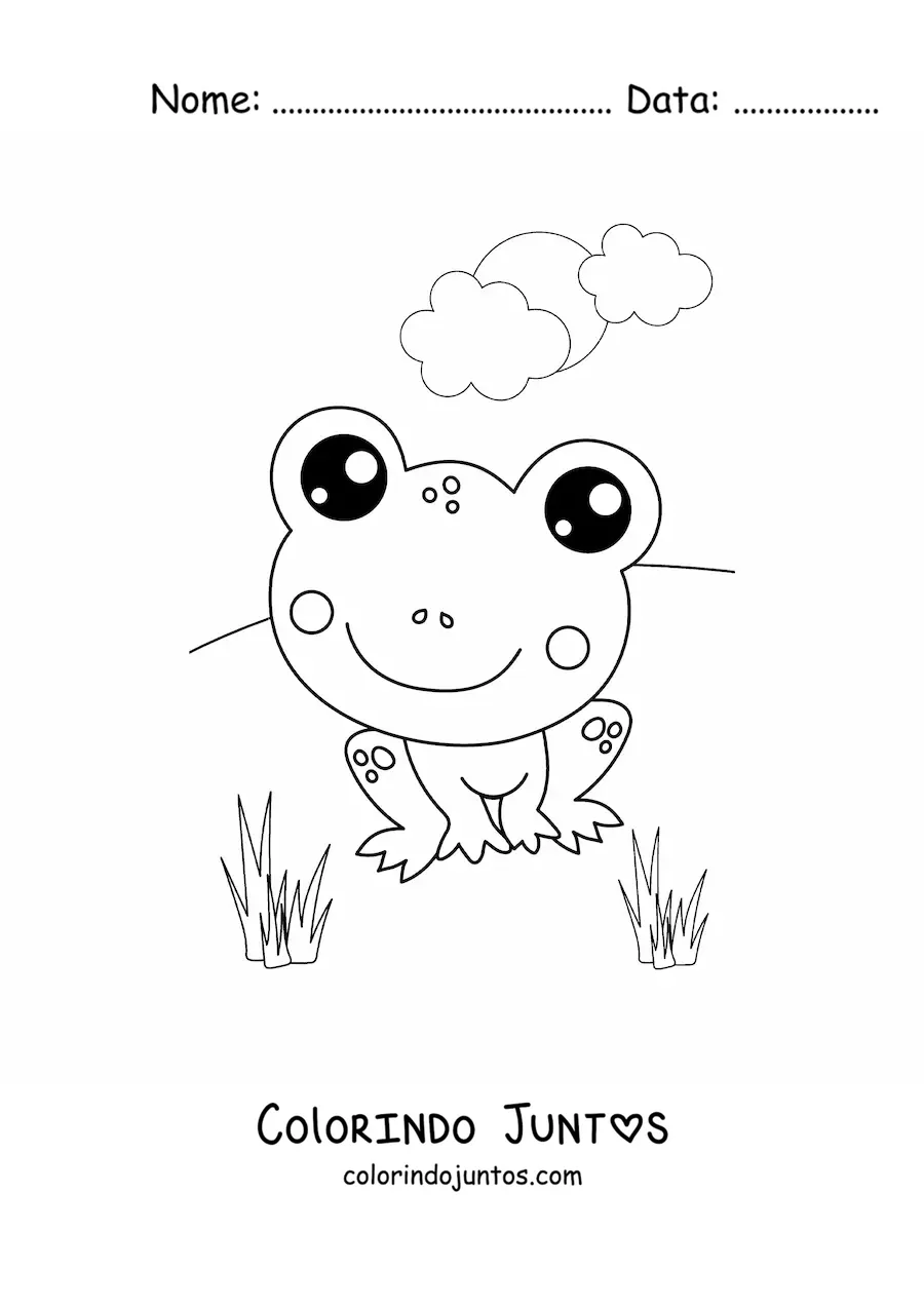 Desenho para colorir de um sapo kawaii sorridente em um clima de primavera