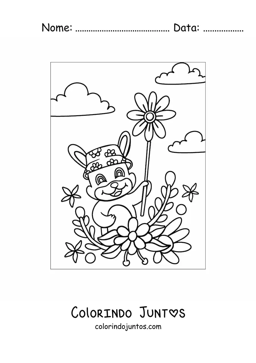 Desenho para colorir de um coelho animado segurando varias flores