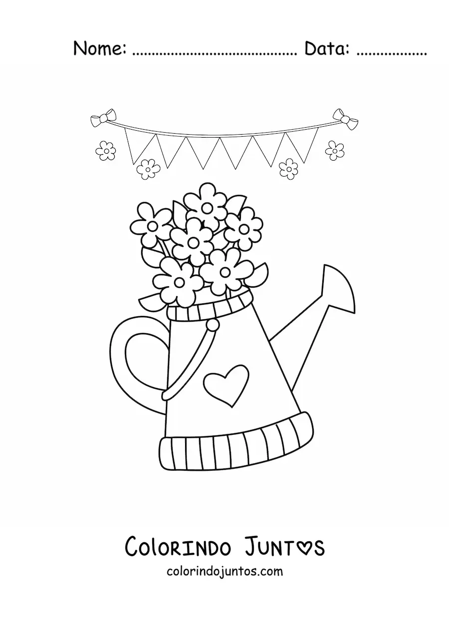Desenho para colorir de um regador de jardim com flores de primavera