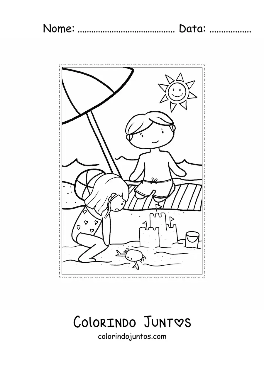 Desenho para colorir de duas criancas na praia no verao