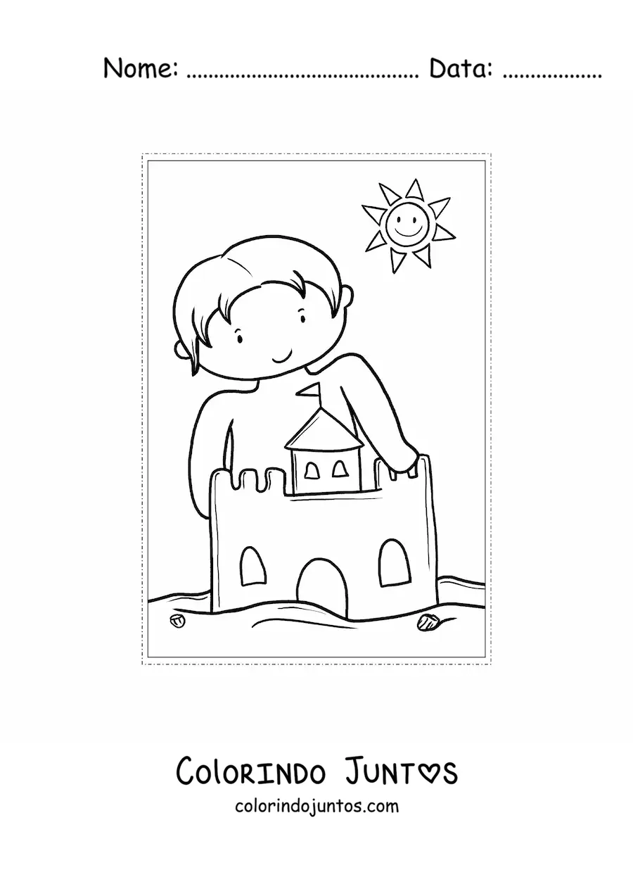 Desenho para colorir de um menino com um castelo de areia no verao