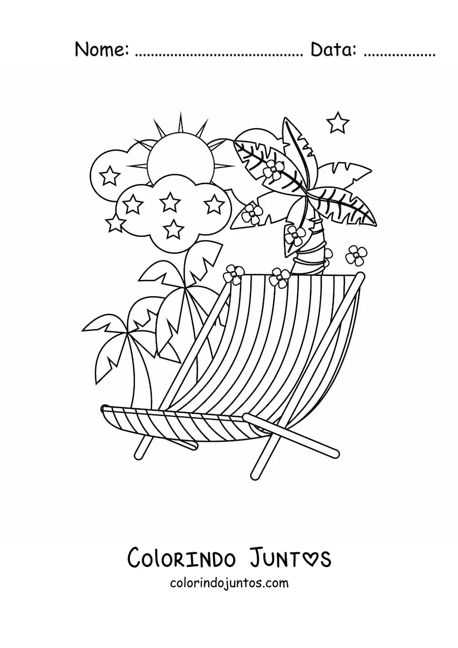 Desenho para colorir de uma cadeira de praia e uma paisagem de verao