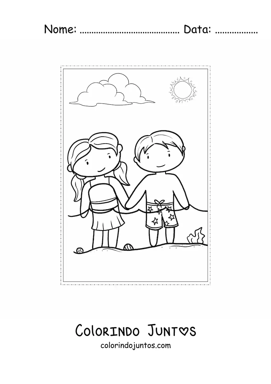 Desenho para colorir de duas criancas no verao