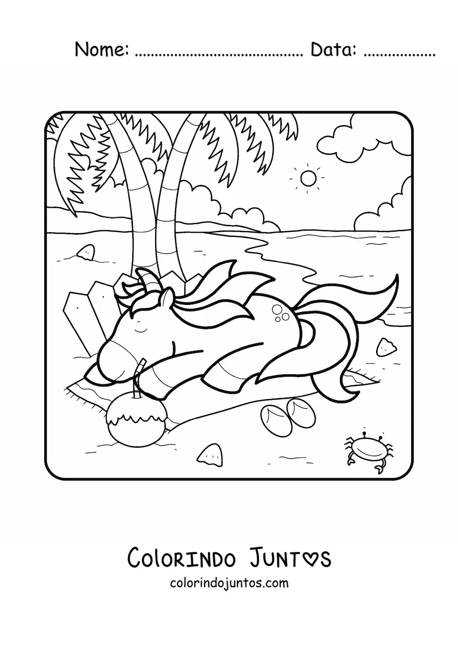 Desenho para colorir de um unicornio descansando em uma praia