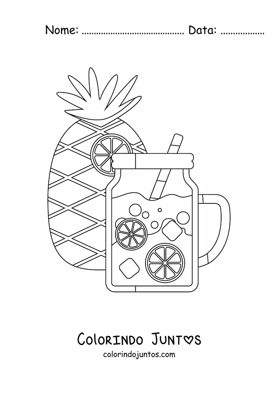 Desenho para colorir de um abacaxi e uma bebida refrescante