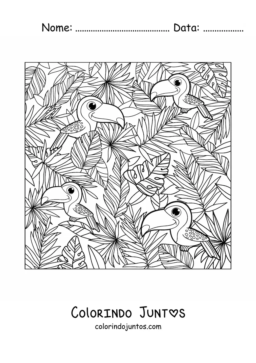 Desenho para colorir de varios tucanos kawaii no verao