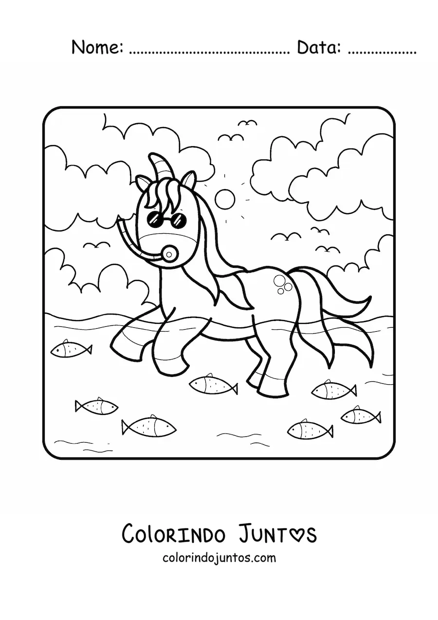 Desenho para colorir de um unicornio no mar no verao