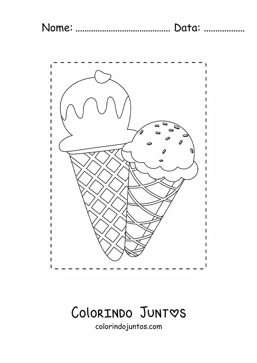 Desenho para colorir de dois sorvetes de casquinha para o verao