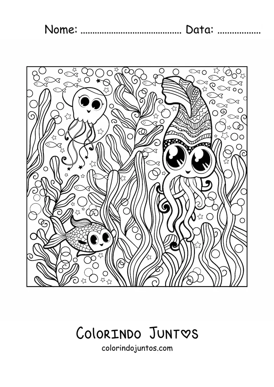 Desenho para colorir de varios animais marinhos kawaii
