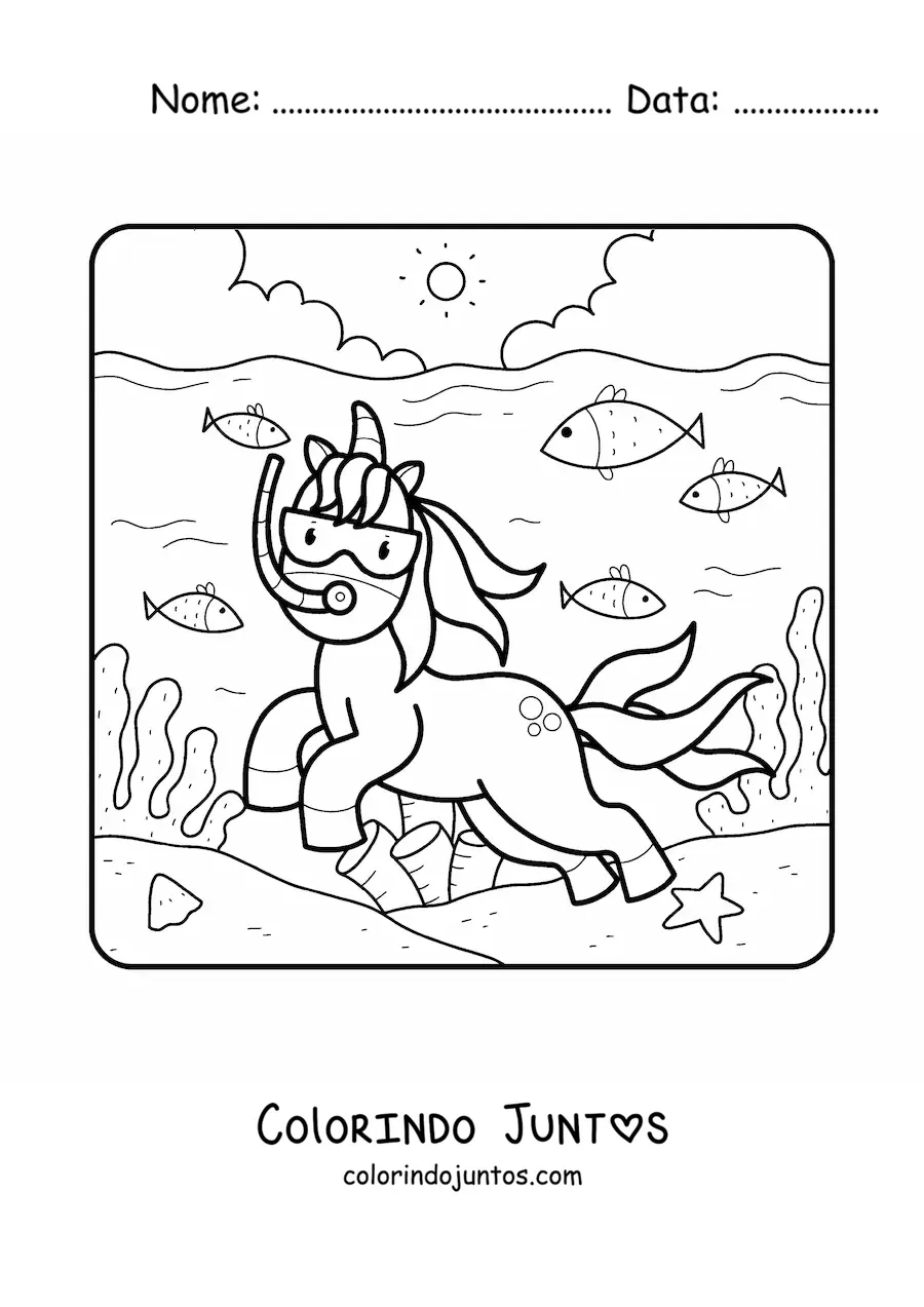 Desenho para colorir de um unicornio nadando no mar