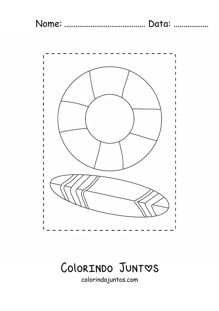 Desenho para colorir de uma prancha de surfe e uma boia salva-vidas