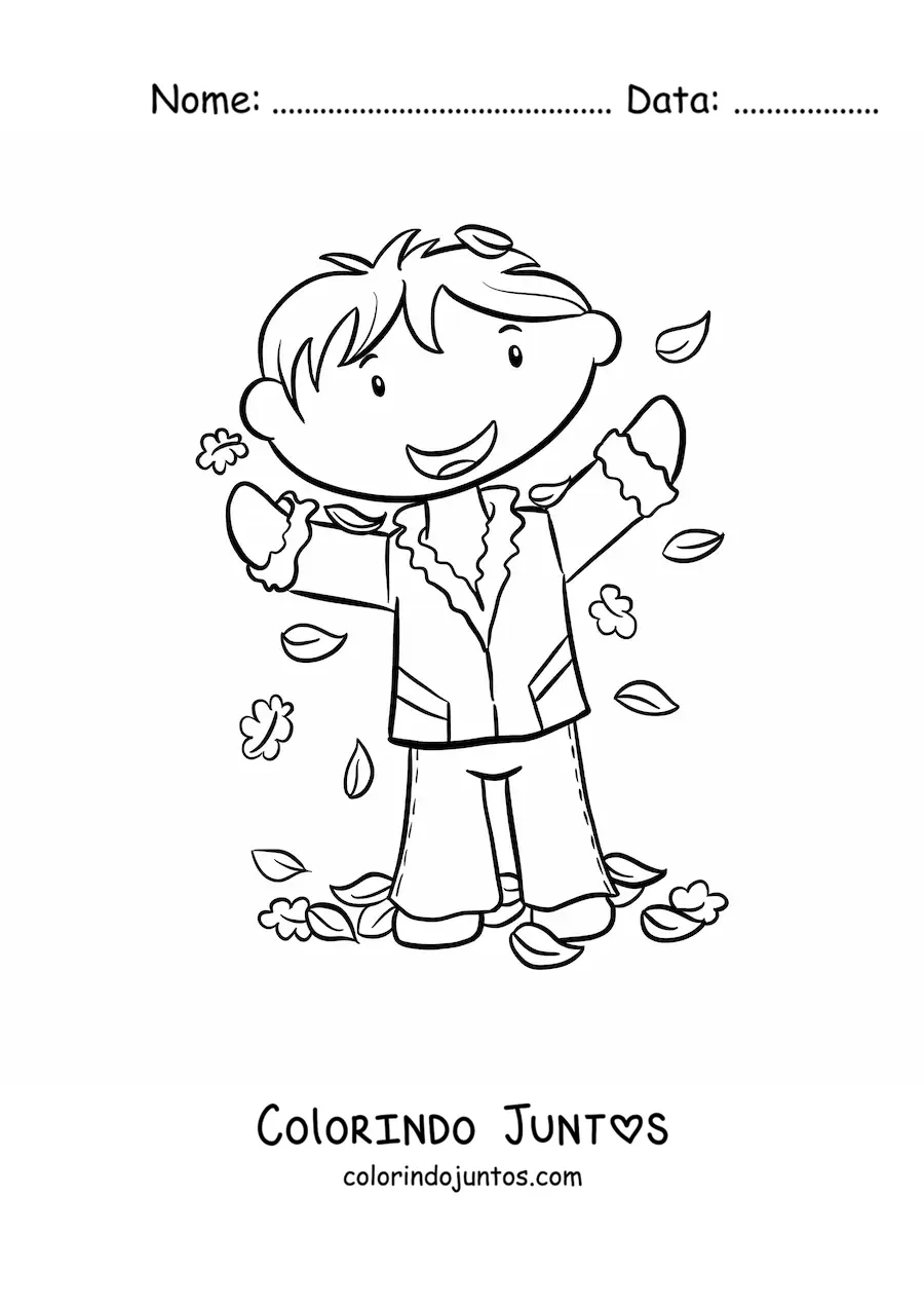 Desenho para colorir de um menino brincando com folhas de outono