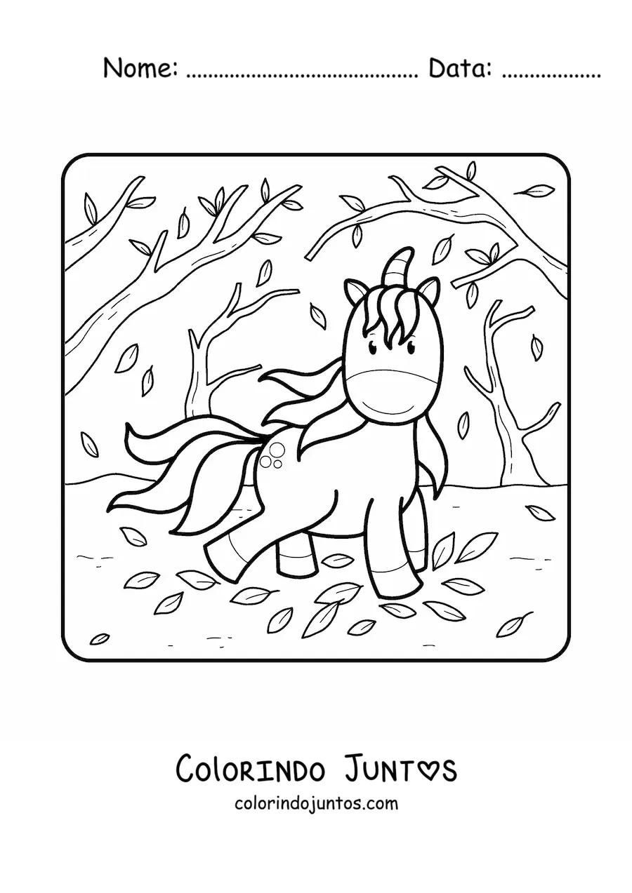 Desenho para colorir de um unicornio kawaii no outono