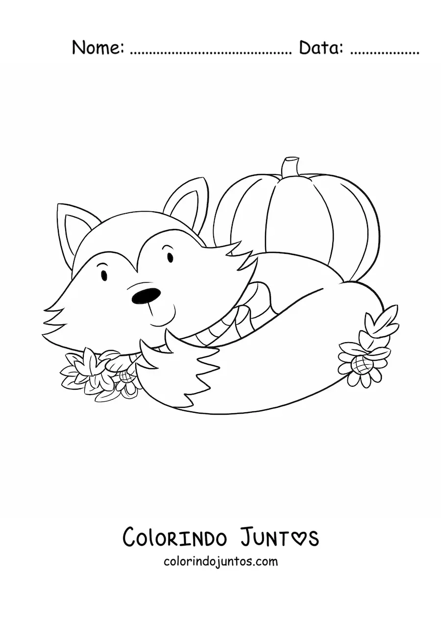 Desenho para colorir de uma raposa kawaii com folhas de outono e uma abobora
