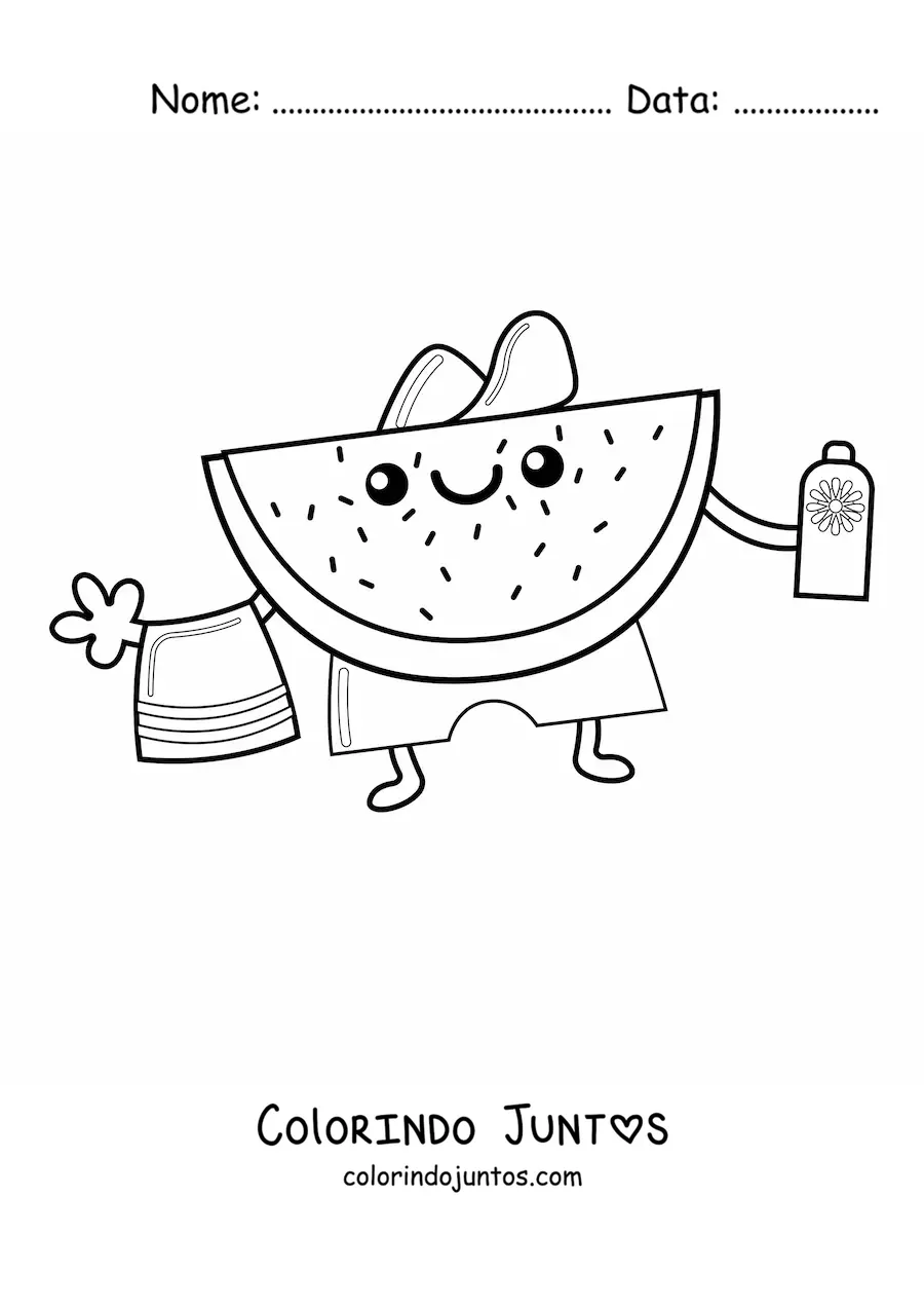 Desenho para colorir de uma melancia animada de verão com uma toalha e protetor solar
