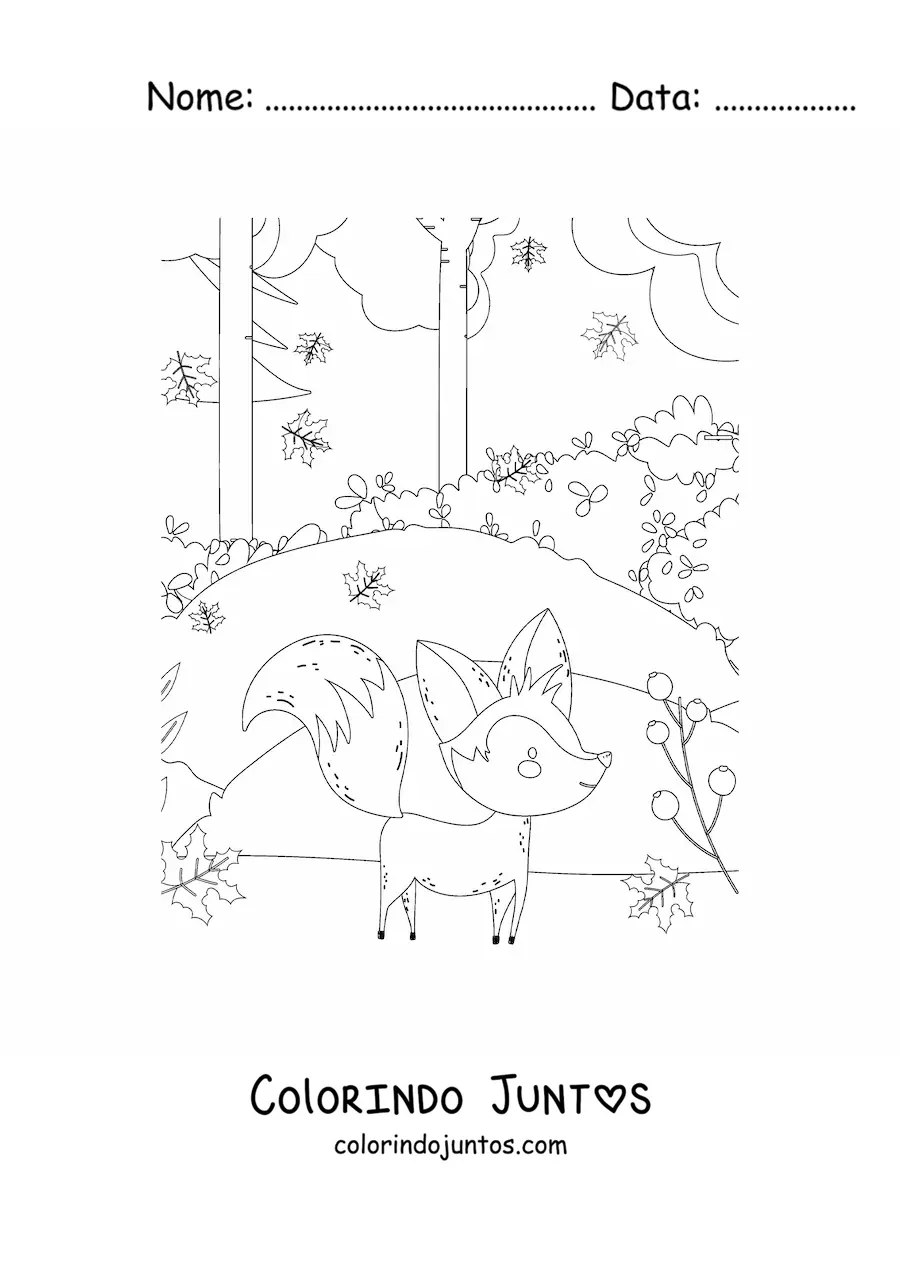 Desenho para colorir de uma raposa em uma floresta de outono