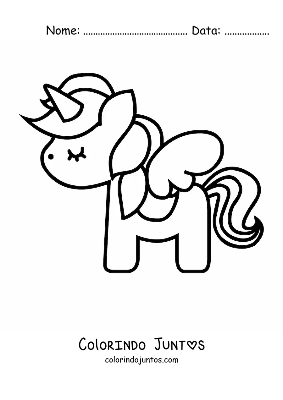 Desenho para colorir de um unicórnio kawaii com asas