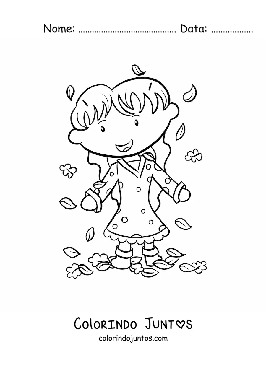 Desenho para colorir de uma menina brincando com folhas de outono