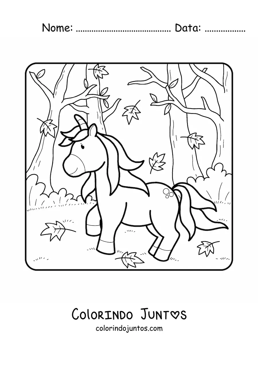 Desenho para colorir de um unicornio animado em uma floresta de outono