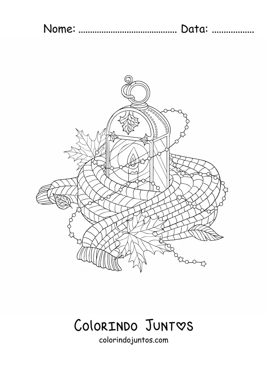 Desenho para colorir de um cachecol e folhas secas junto a uma lanterna como elementos do outono