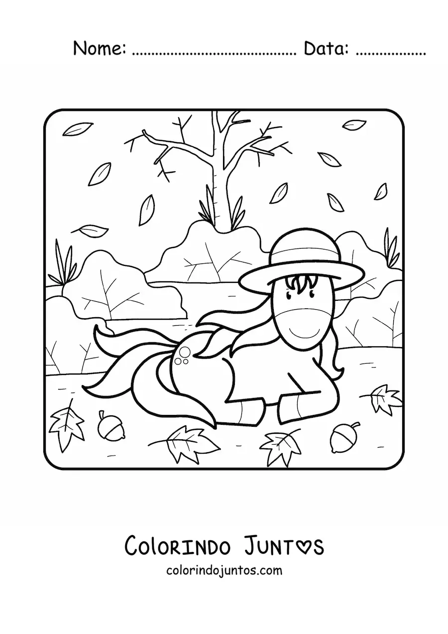 Desenho para colorir de um unicornio animado descansando sobre folhas secas
