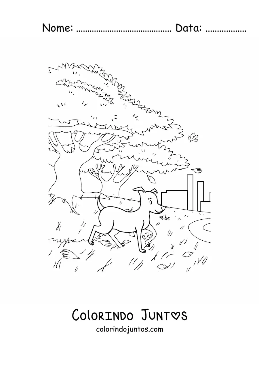 Desenho para colorir de um cachorro e uma paisagem de outono