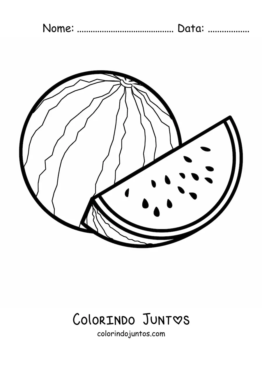 Desenho para colorir de uma melancia inteira junto a um pedaço de melancia