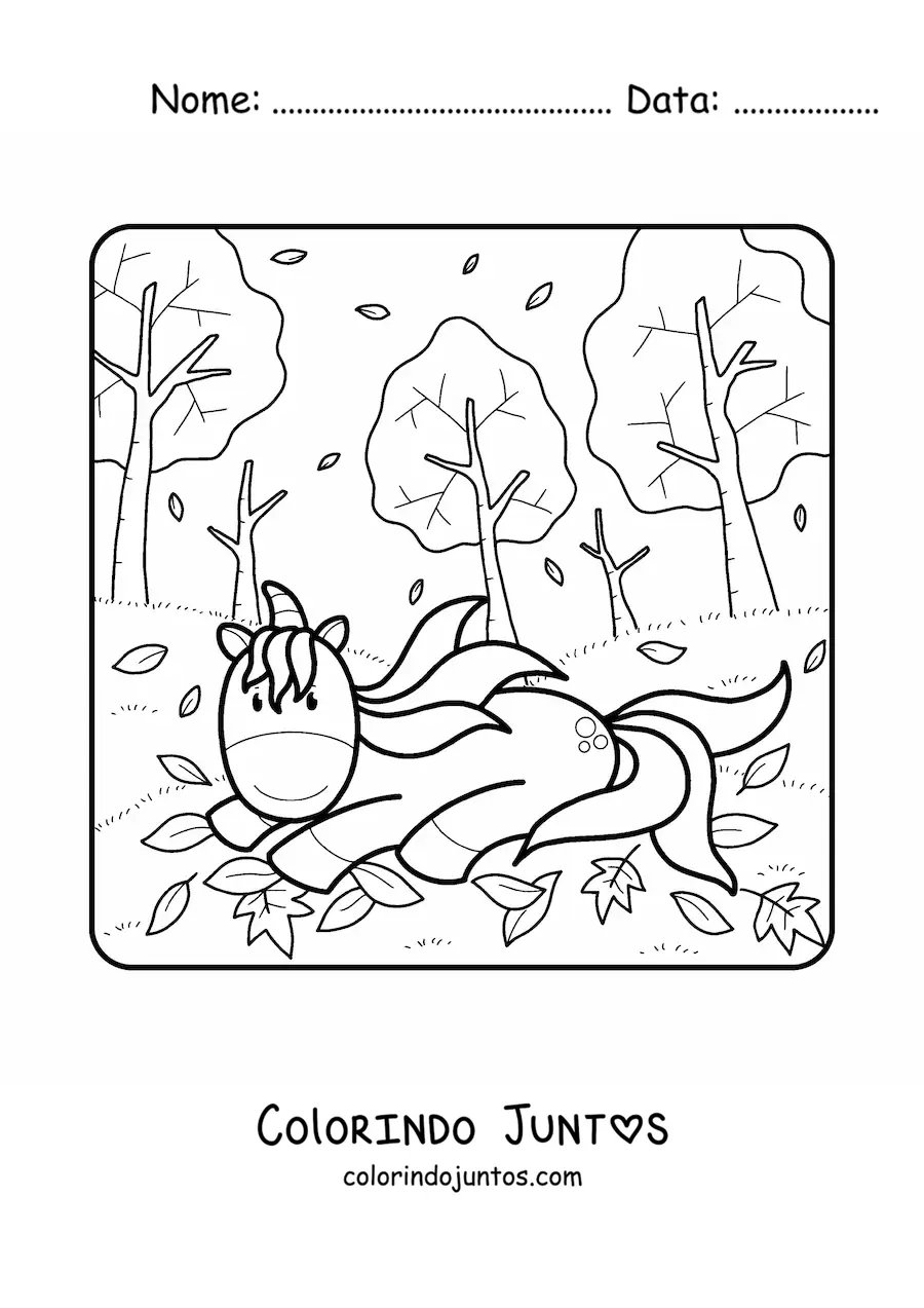 Desenho para colorir de um unicornio entre varias folhas secas caidas
