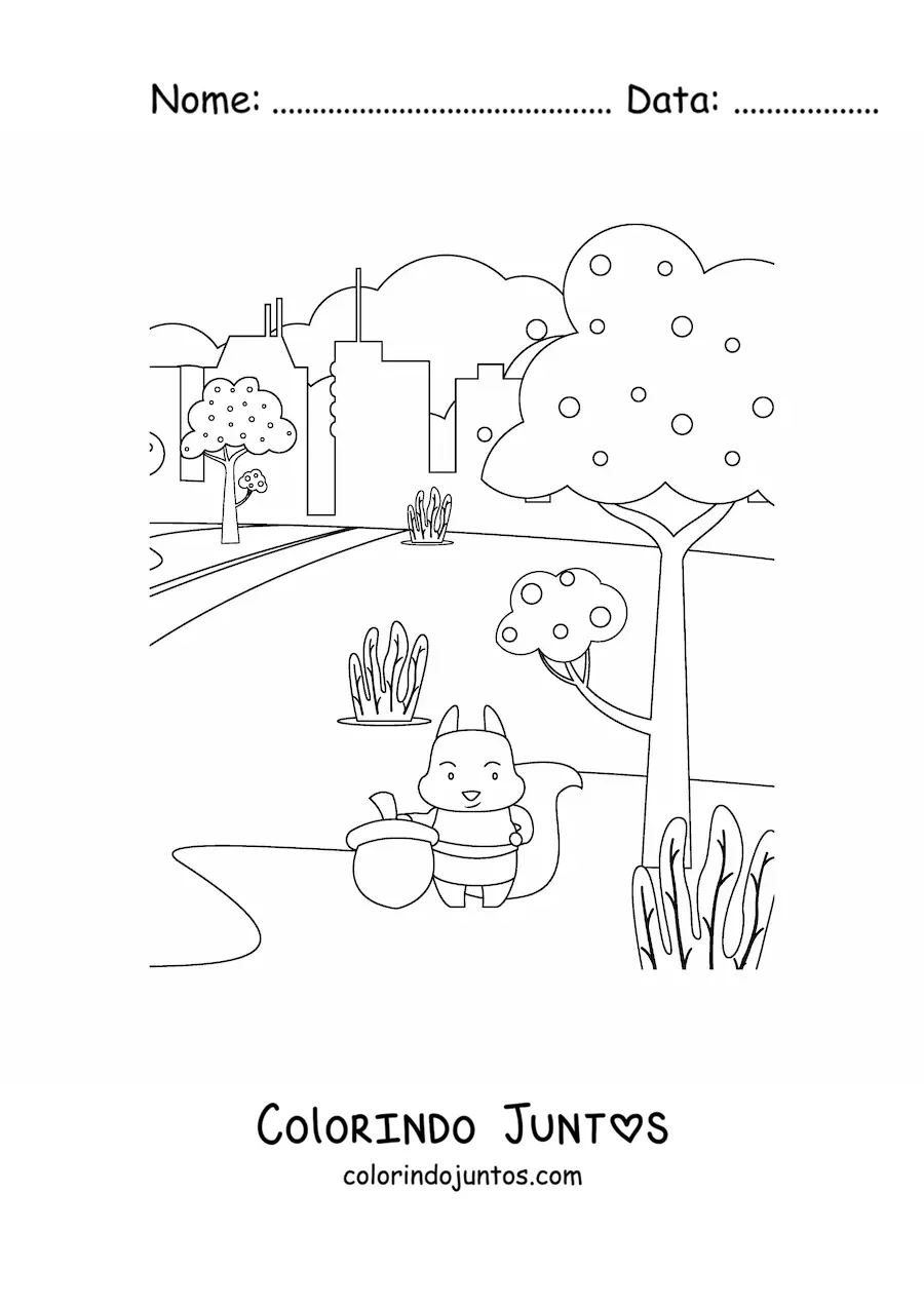 Desenho para colorir de um esquilo em uma paisagem outonal