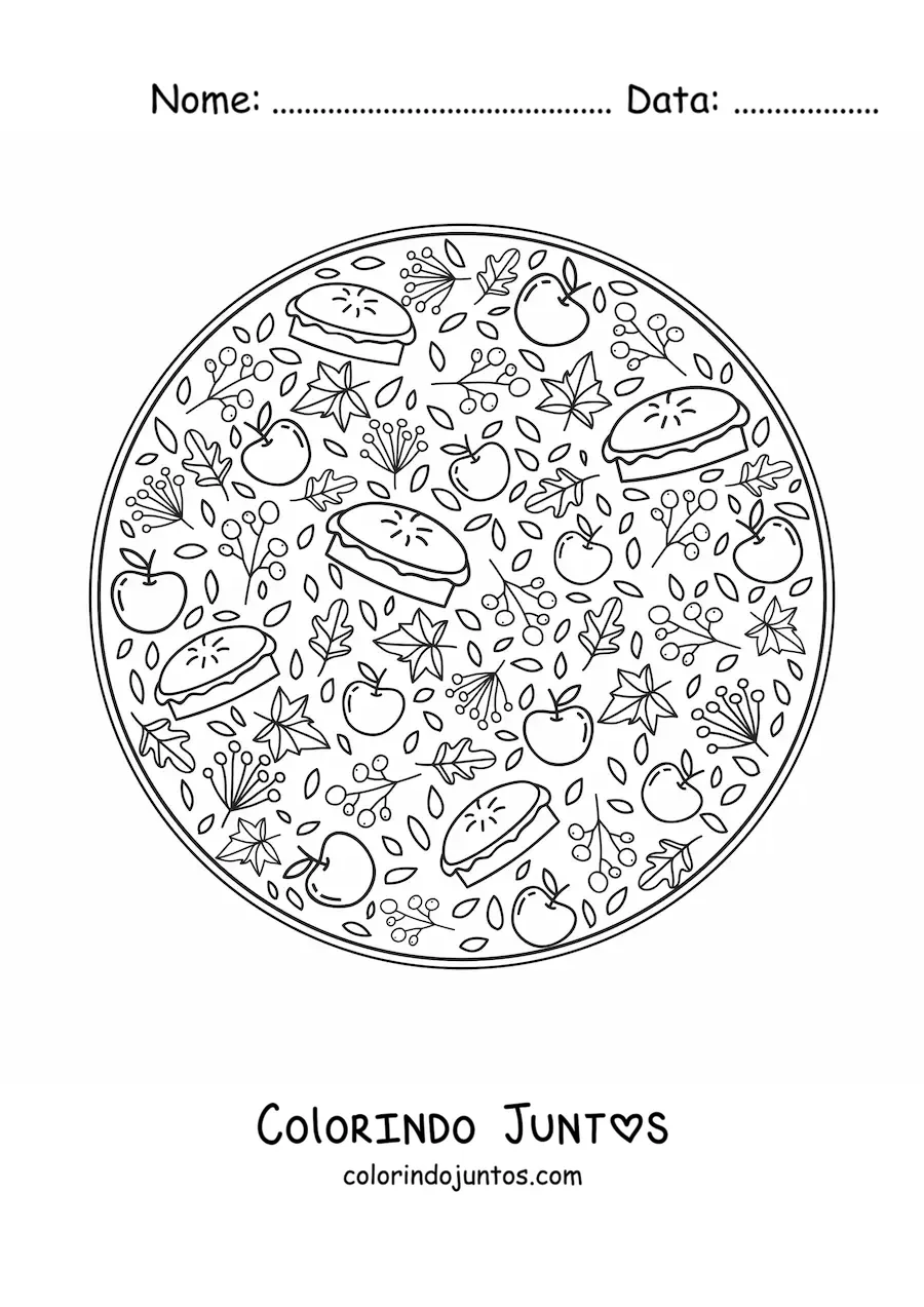 Desenho para colorir de varias macas e pes para o outono