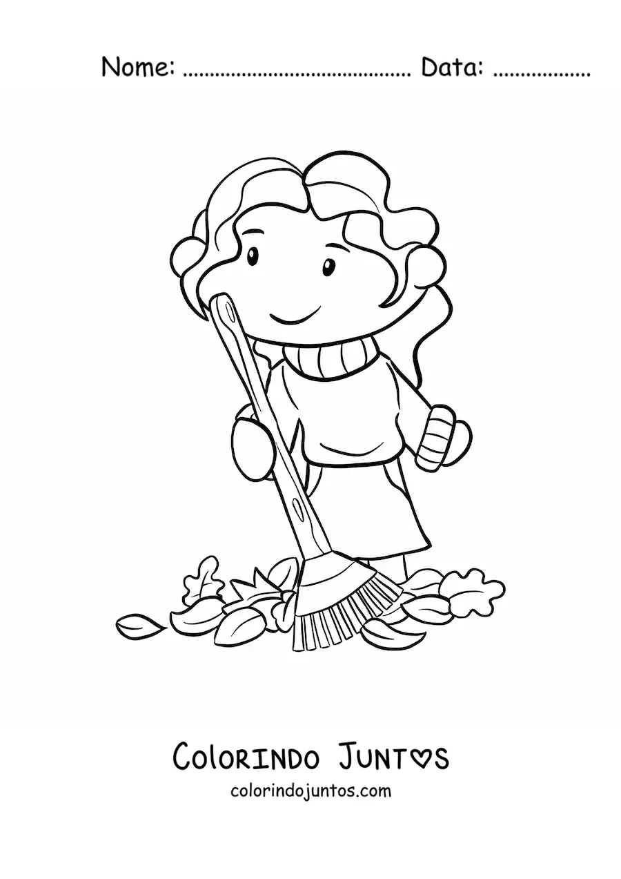 Desenho para colorir de uma menina com folhas de outono