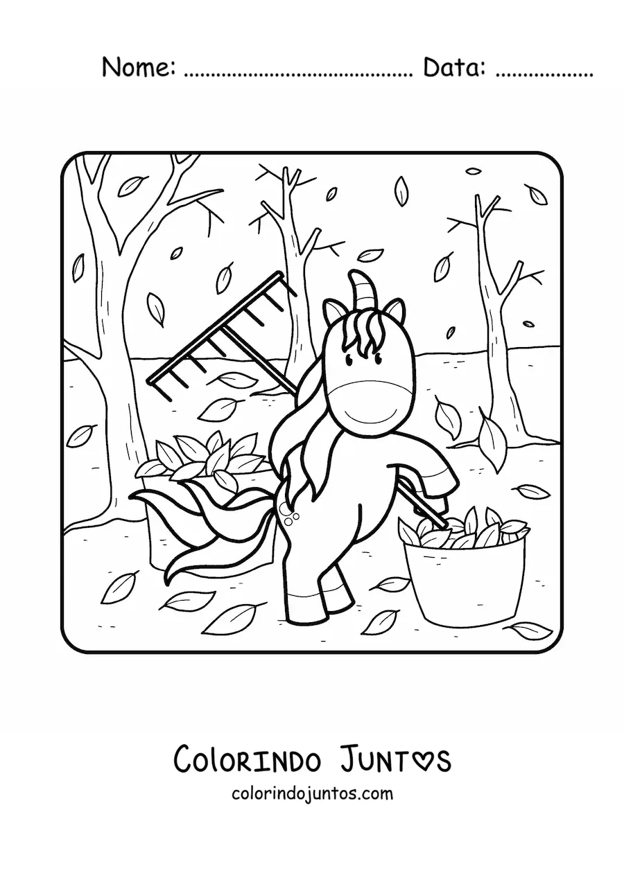 Desenho para colorir de um unicornio e varias folhas de outono