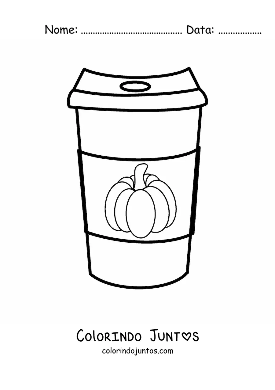 Desenho para colorir de um copo de cafe decorado com uma abobora