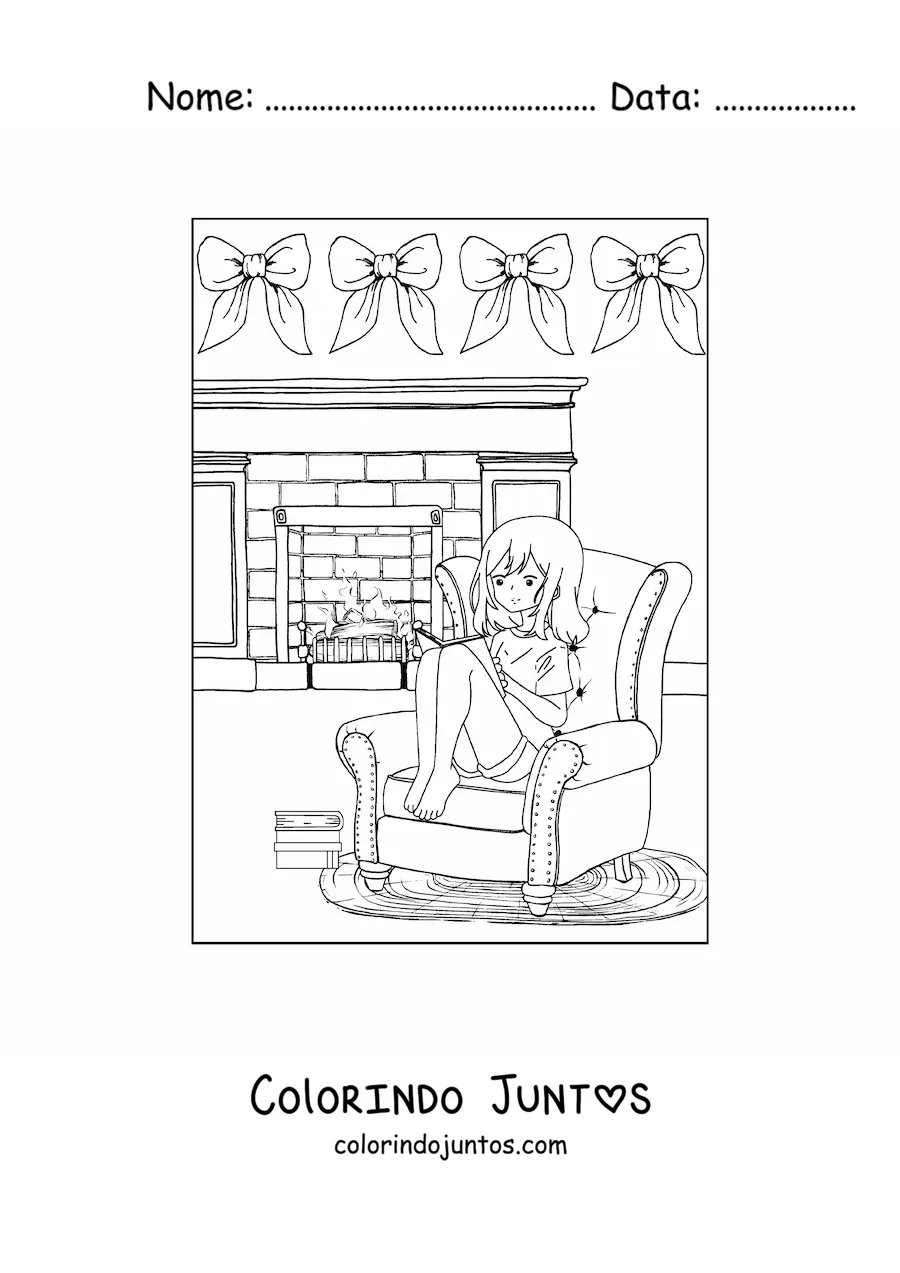 Desenho para colorir de uma menina sentada junto a lareira no inverno