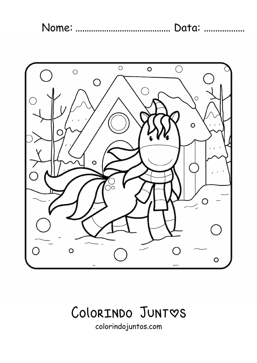 Desenho para colorir de um unicornio passeando no inverno